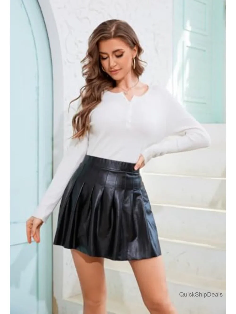 Faux Leather Pleated Mini Skirt, High Waisted A-Line, Pull On